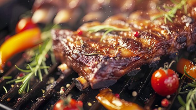 Photo barbecue fried ribs with vegetables background concept