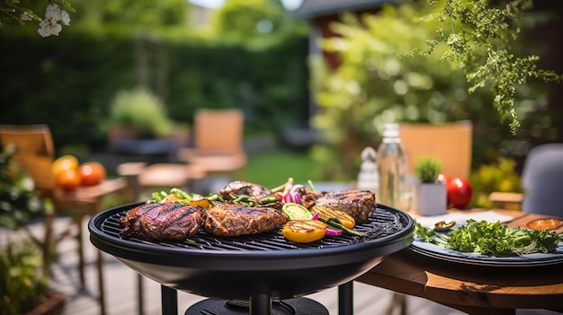 barbecue on the grill as it cooks delicious food A wooden table AI generated