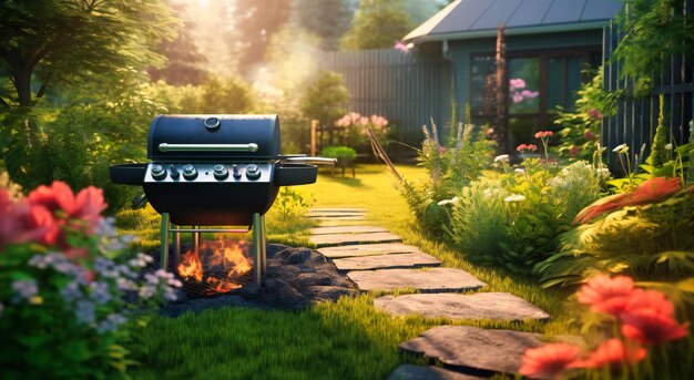 A barbecue grill being used in a backyard backyard