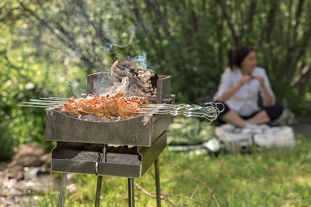 Barbecue on the grill Marinated meat on skewers shish kebab beef steaks on grill during summer time