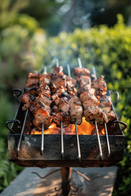 Photo barbecue grill skewers meat cooking outdoor smoky atmosphere summer delicious food picnic lush