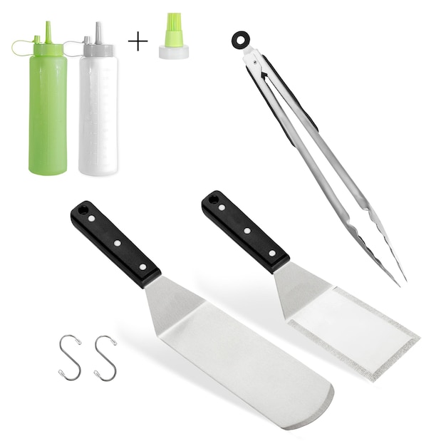 Barbecue and grill spatula bottle hook tongs tools set on White Background