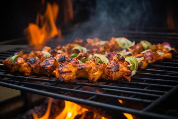 a barbecue grill with chicken and avocado on it