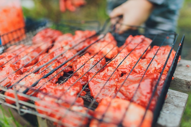 Barbecue grill with skewers. Placed on grass.