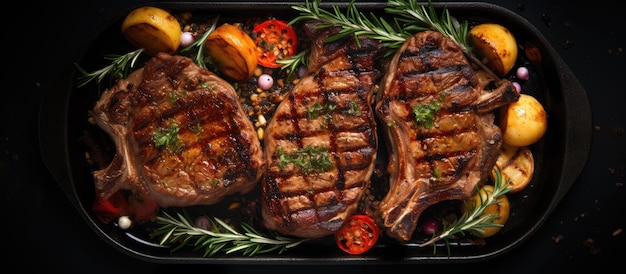 Barbecue grilled lamb and mutton chop steaks cooked in a pan with a black background taken from