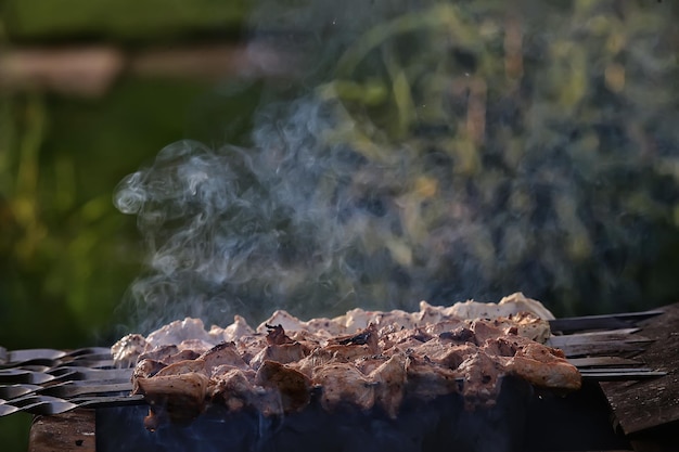 barbecue meat on coals, smoke smoked on iron skewers, fresh meat background