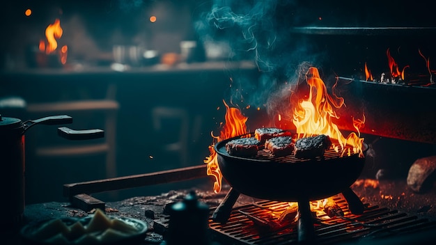 Barbecue party fire on the grill