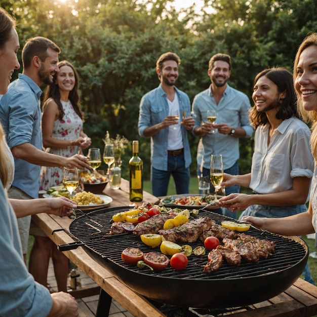 A barbecue party is a fun social gathering where food is cooked on a grill often outdoors The even