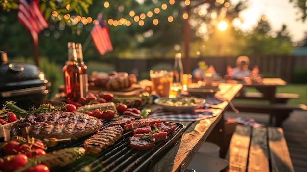 Barbecue party with grilled food in backyard with American flags 4th of July USA Independence Day