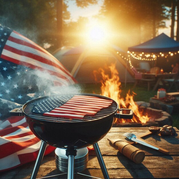 Photo barbecue party with grilled food in backyard with american flags 4th of july usa independence day