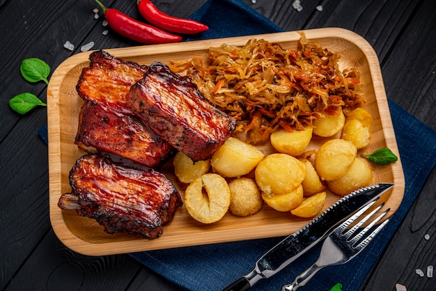 Barbecue pork ribs as main dish at restaurant