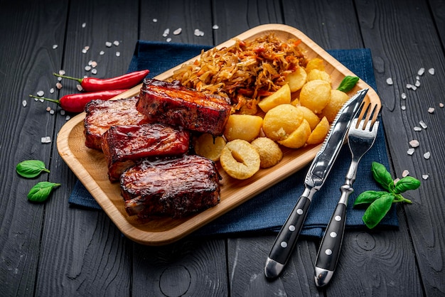 Barbecue pork ribs as main dish at restaurant