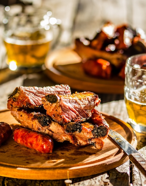 Barbecue pork ribs and sausages