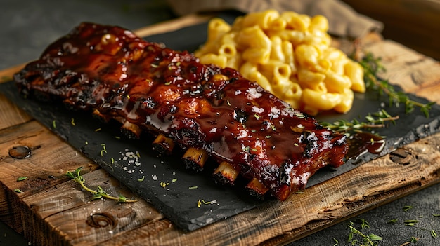 Barbecue pork ribs with a caramelized glaze served with macaroni and cheese