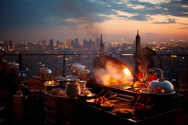 Barbecue on the roof of the building on the background of the city AI generated