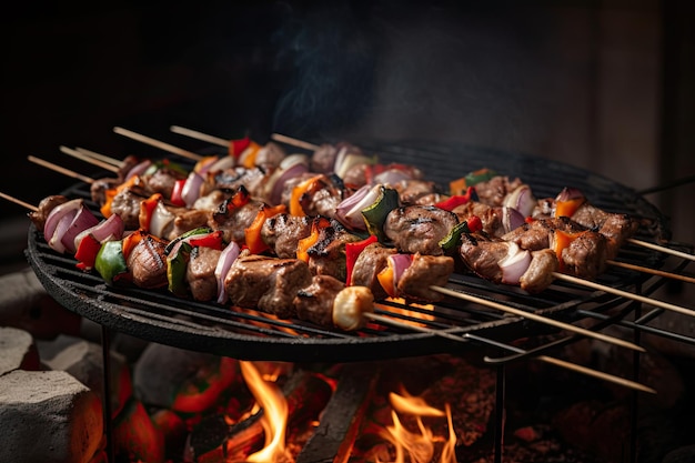 Barbecue skewers meat kebabs with vegetables on flaming grill Ai generative