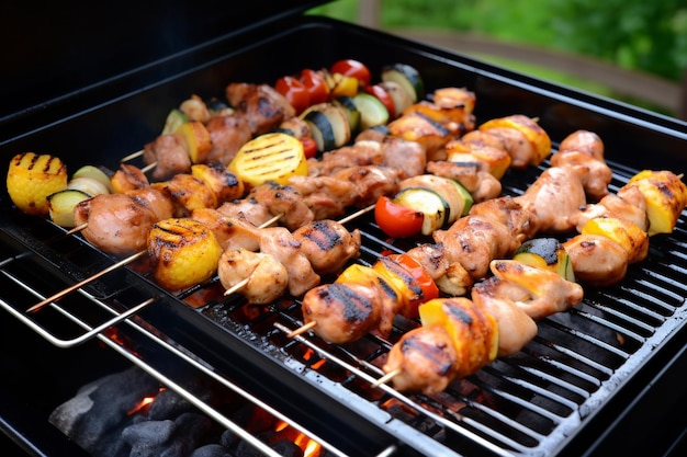 A barbecue with chicken and vegetables on it