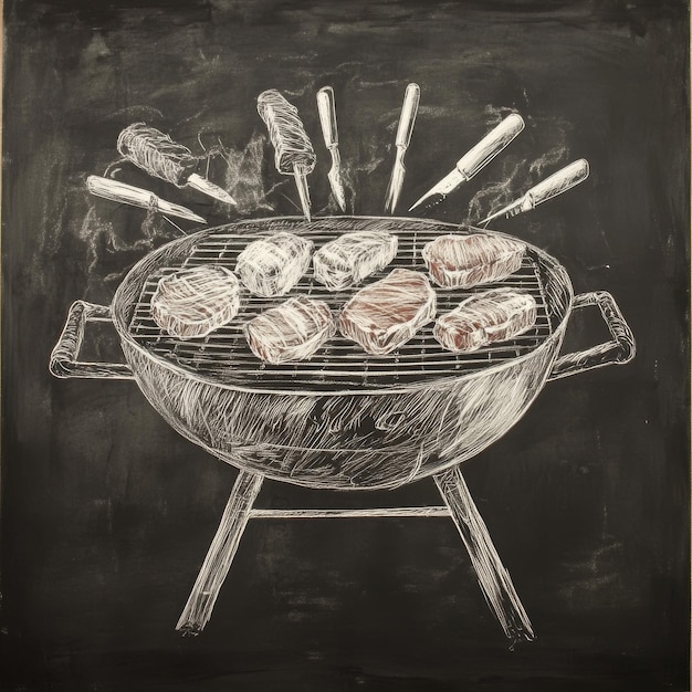 Barbecue with meat on a blackboard background Drawing in chalk