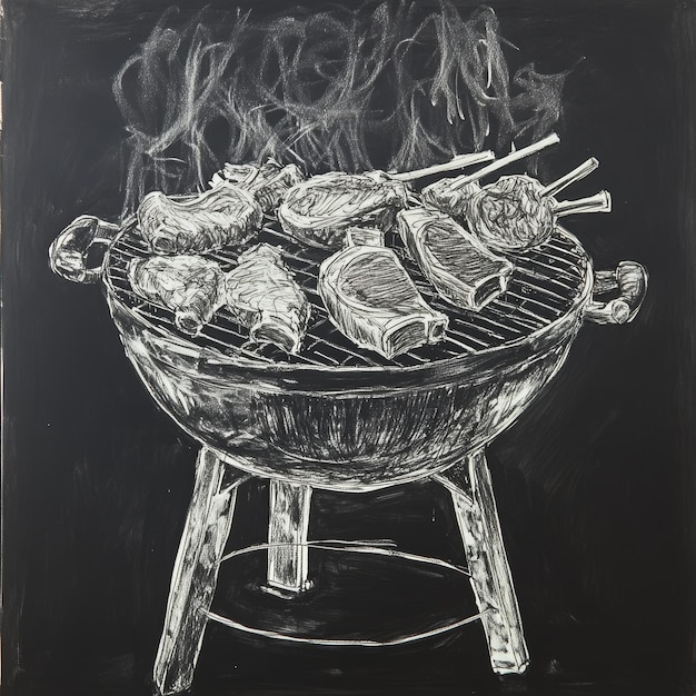 Barbecue with steaks on a black background Hand drawing