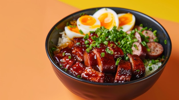 Barbecued red pork in sauce boiled eggs Chinese sausage on topped rice in black bowl on orange background Asian food