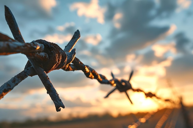 Photo barbed rusty wire against the background of the sunset sky freedom and slavery