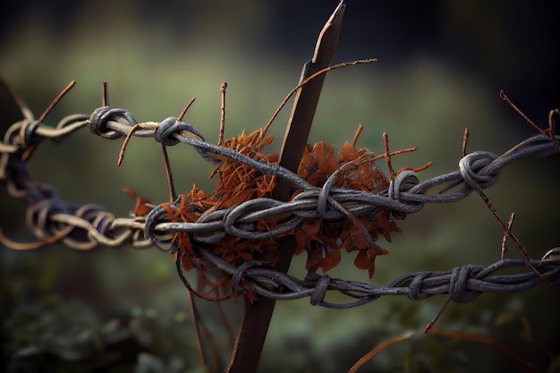 Barbed wire against cloudy sky 3d illustration Generative Ai