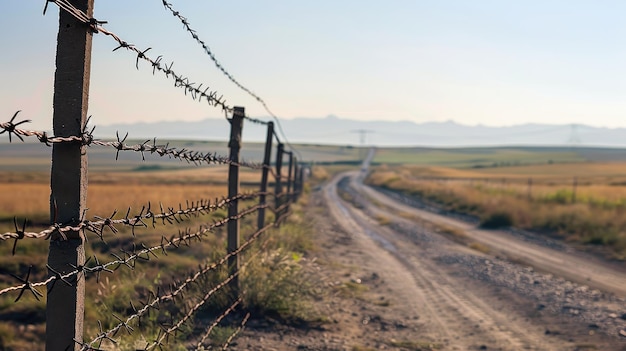 Photo a barbed wire fence lining a remote deserted road