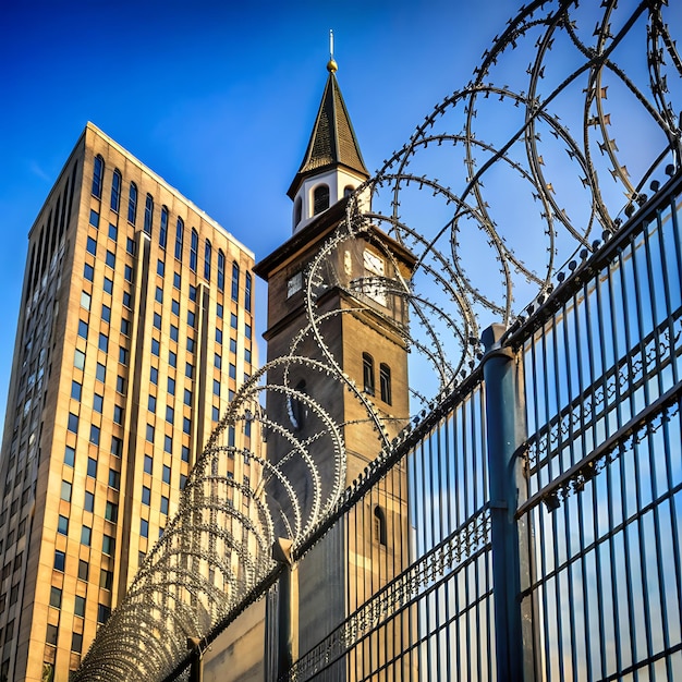 A barbed wire fence surrounds building with tall nice backgroundAI generator