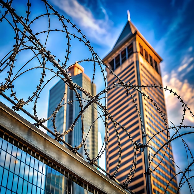 A barbed wire fence surrounds building with tall nice backgroundAI generator