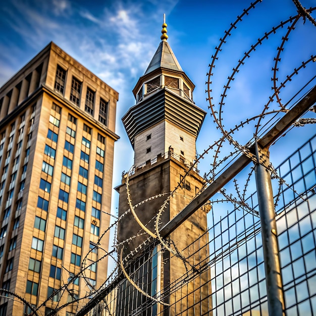 A barbed wire fence surrounds building with tall nice backgroundAI generator