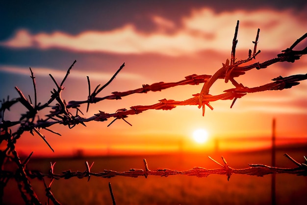 Barbed Wire On Sunset Sky Background Generative AIxA