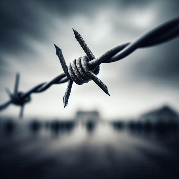 Photo a barbed wire with a building in the background and a building in the background