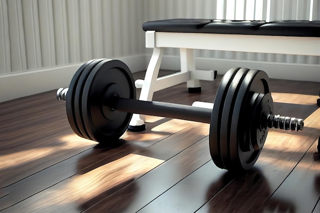 Barbell bench with weight dumbbells in the home Generative Ai