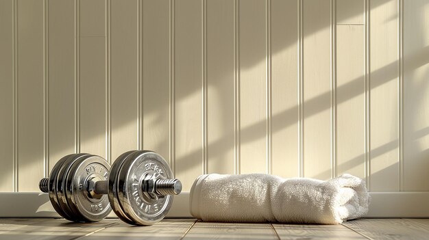 Barbell Next to a White Towel in Minimalist Cream Background