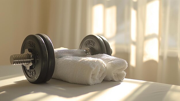 Photo barbell next to a white towel in minimalist cream background