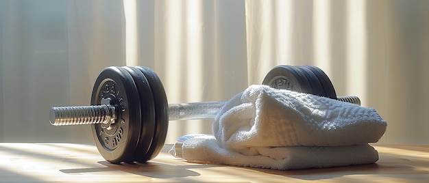 Barbell Next to a White Towel in Minimalist Cream Background