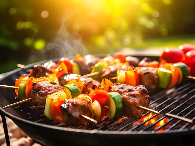 Barbeque grill shashlik with delicious grilled meat and vegetables on blurred background