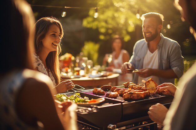 Barbeque grill with grilled meat vegetables and friends on background