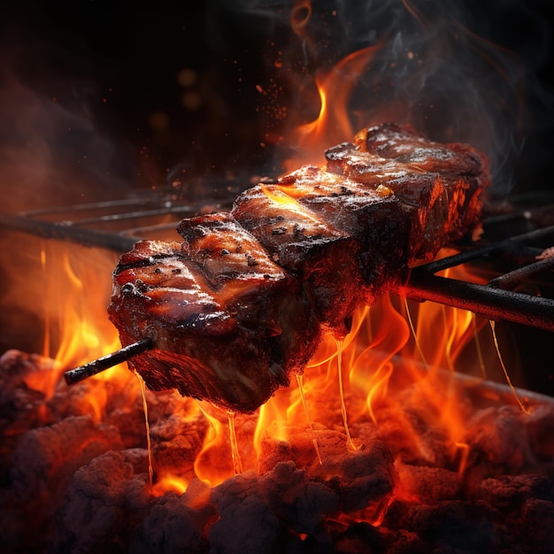 barbeque grilled meat with fire meat smoke oil and charcoal generative ai