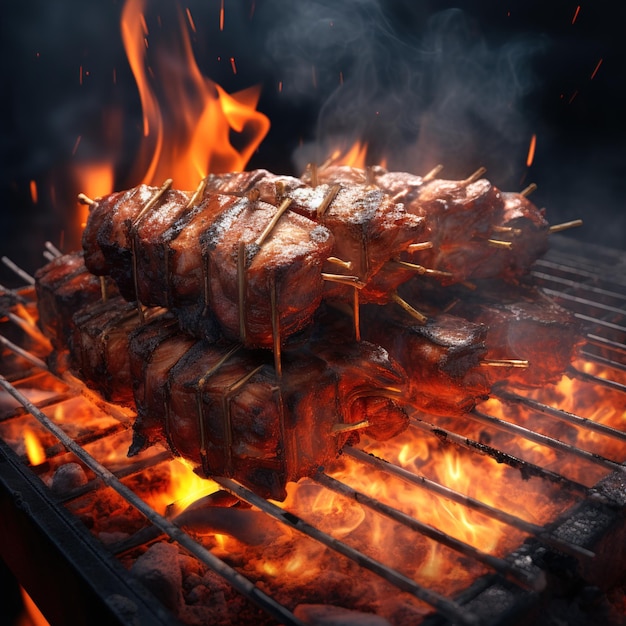 barbeque grilled meat with fire meat smoke oil and charcoal generative ai