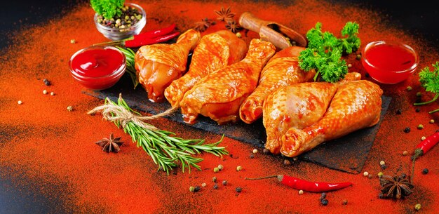 Barbeque marinated chicken dramsticks on a black cooking boar black background with fresh rosemary