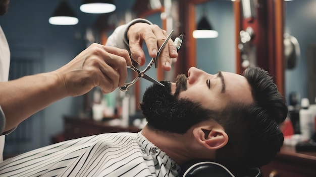 Barber cutting a beard with scissors