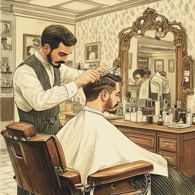 Photo a barber giving a classic haircut with clippers and scissors in a traditional barbershop