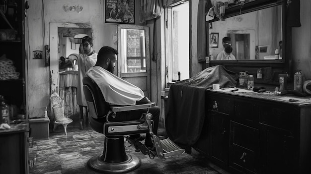 A barber is sitting in a barber chair