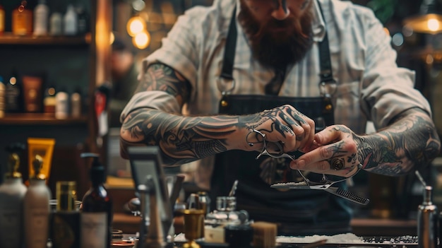 Barber preparing his scissors to work on haircut