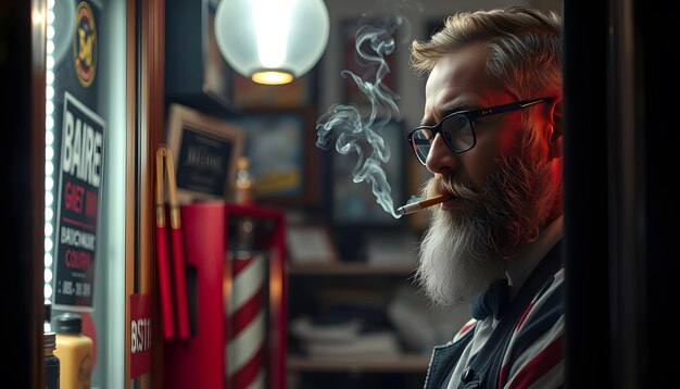 Photo barber smoking cigarette at the entrance of his shop isolated with white highlights