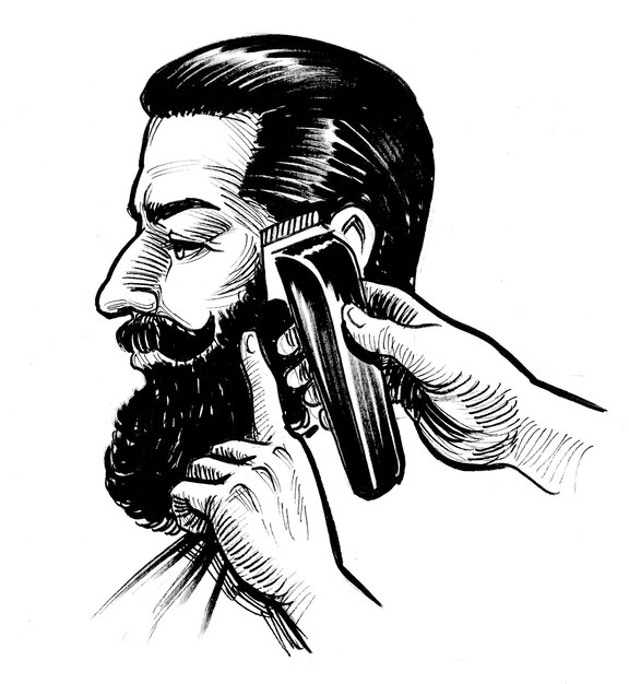 Photo barber039s hands and bearded client039s head retro styled ink black and white drawing