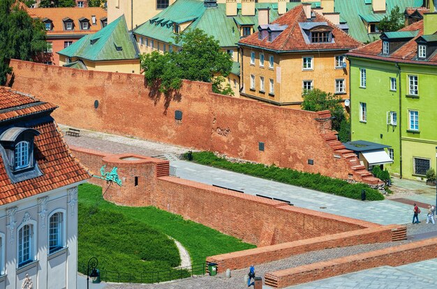 Barbican red brick walls on Castle Square in the Old town of Warsaw in Poland