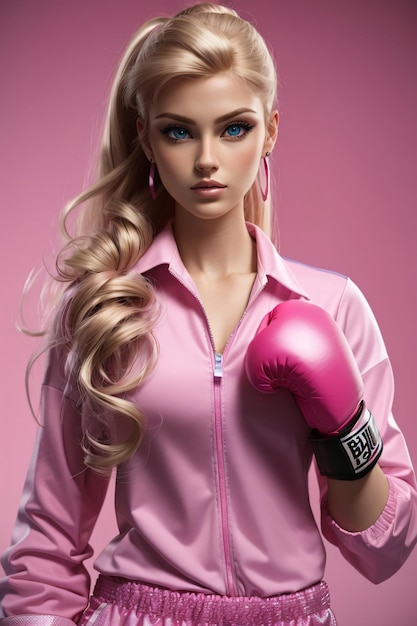 Barbie blue eyes serious face in boxing gloves