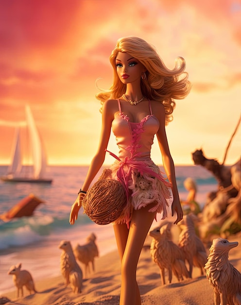 Photo barbie doll in beach in the style of naturecore